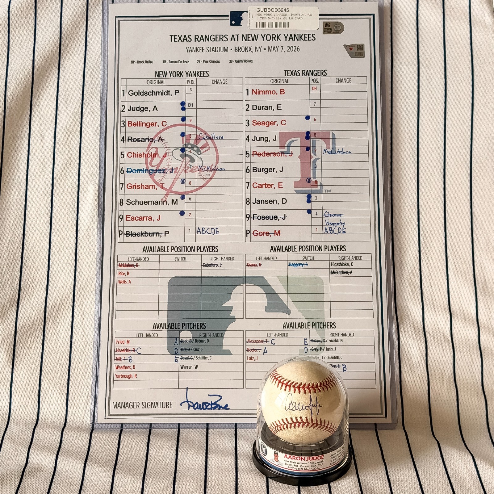 Aaron JUDGE Game Used RBI Single Auto Baseball w/ Lineup Card 2026 MLB Fanatics view 16