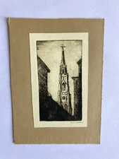 Antique/Vintage Handcrafted Card Original Etching by A. H. Wello Cathedral