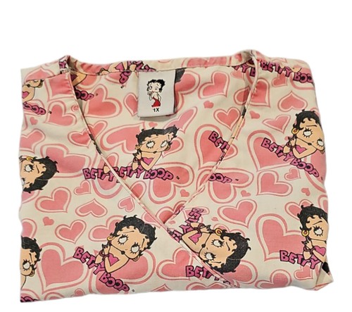 Betty Boop Medical Scrub Top Women's 1X Multi-Color All Over Screen Print Hearts - Picture 11 of 11