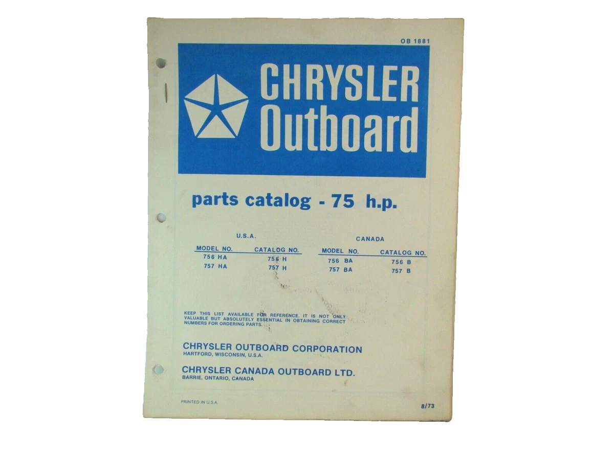 Chrysler Outboard Motor OB1881 Parts Catalog 75HP Model 756 757