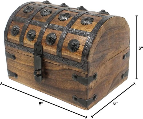 Wooden Pirates Treasure Chest Box Pirate Treasure Map and Gold Coins/Gems - Picture 10 of 10