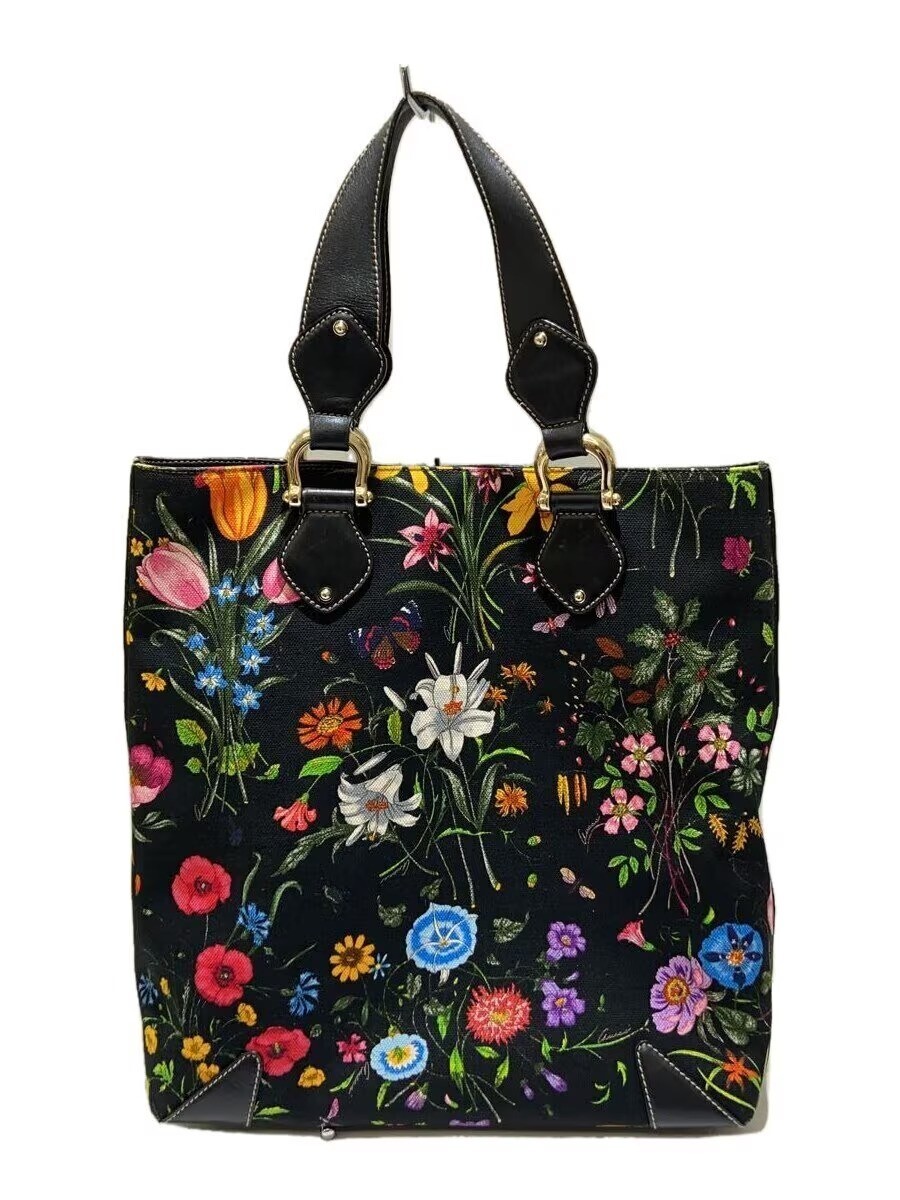 GUCCI Canvas Tote Bag Black Multi color Floral Pattern 12.8