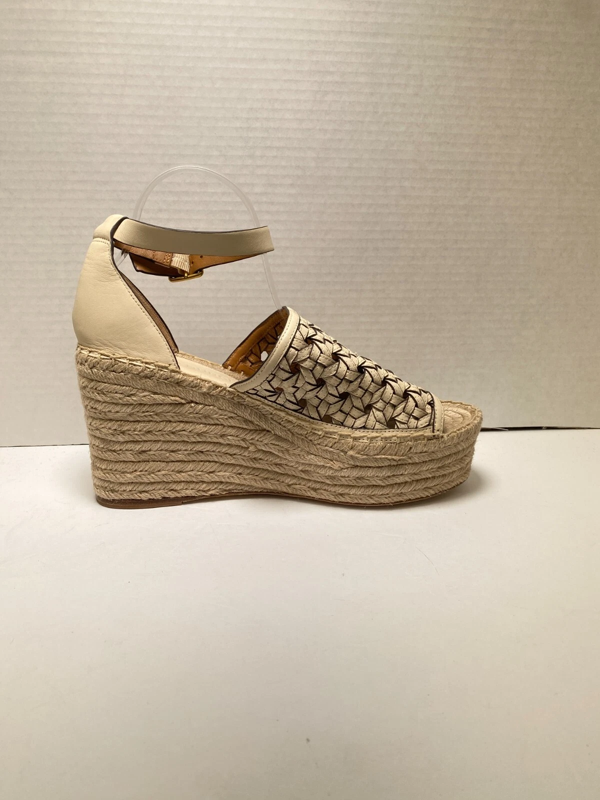 Sandalo plateau Tory Burch tessitura cestino espadrilla farina di mandorle zeppe taglia 10