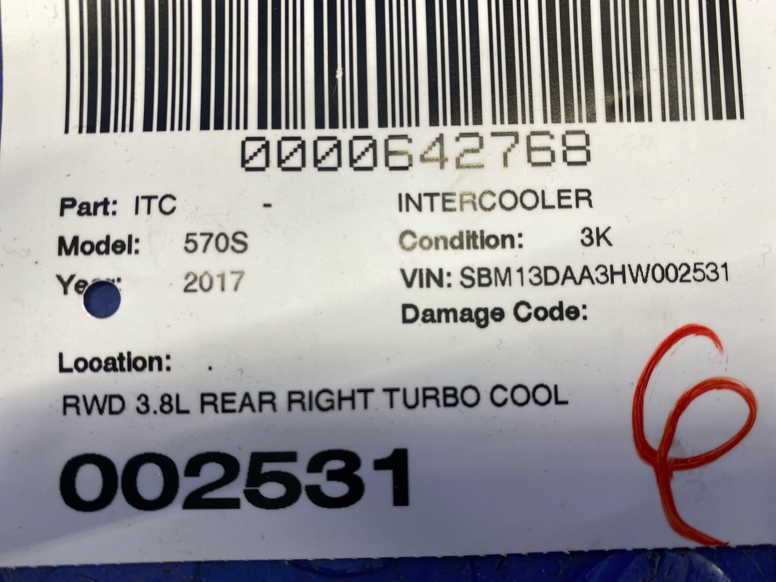 2016-2021 MCLAREN 570S RWD 3.8L REAR RIGHT TURBO COOLING COOLANT INTERCOOLER OEM