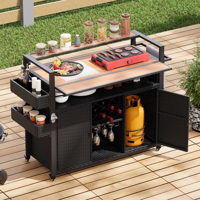 52.8''W Wicker Outdoor Grill Cart Rolling Kitchen Island with Storage Cabinet