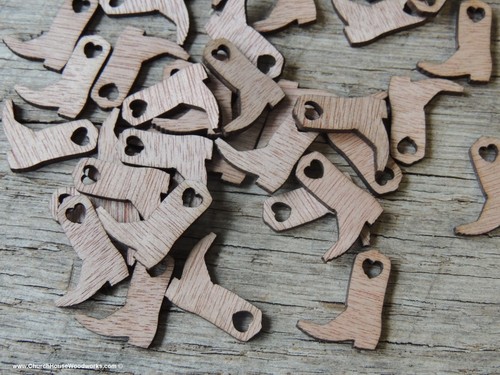 100 Wood Cowboy Boots 3/4 inch tall, Little Wooden Confetti Engraved Boots
