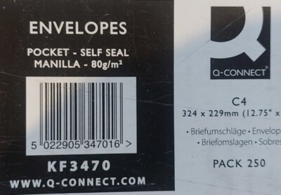 Q-Connect C4 Umschläge Tasche selbstversiegelnd 80 gm Manilla 250er-Pack 