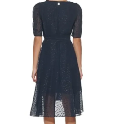 tommy hilfiger glitter-dot puff-sleeve midi dress TOMMY HILFIGER Womens Green Tie Zippered Glitter-dot Pouf Sleeve Surplice  Neckline Midi Party Fit + Flare Dress 10