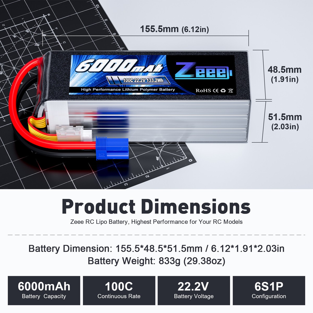 2x Zeee 6S LiPo Battery 6000mAh 22.2V 100C EC5 for RC Plane Drone