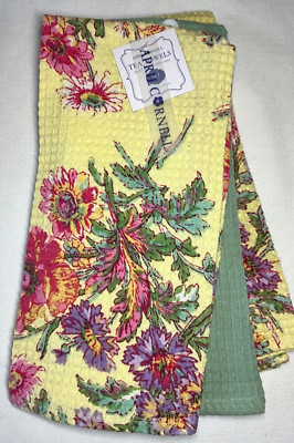 APRIL CORNELL KITCHEN TOWELS (3) YELLOW PINK GREEN PURPLEWAFFLE WEAVE COTTON NWT