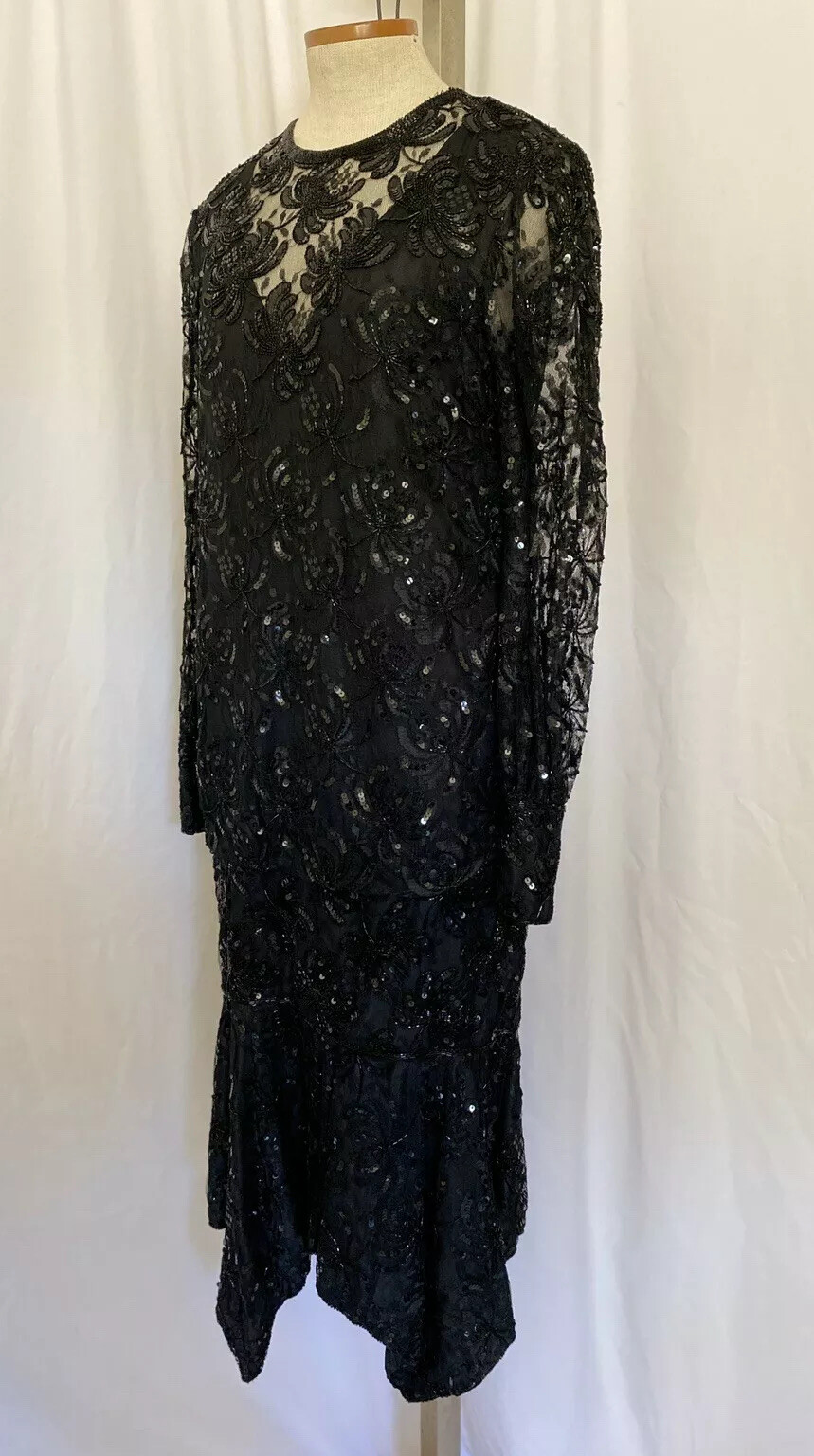 Judith Ann Creation Black Beaded Sequin Flapper Gown Dress Asymmetric Hem Small
