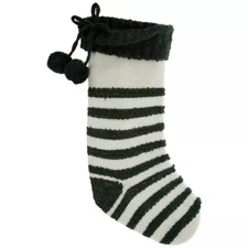 Hobby Lobby GREEN & WHITE STRIPES POM POM KNIT CHRISTMAS STOCKING 19"