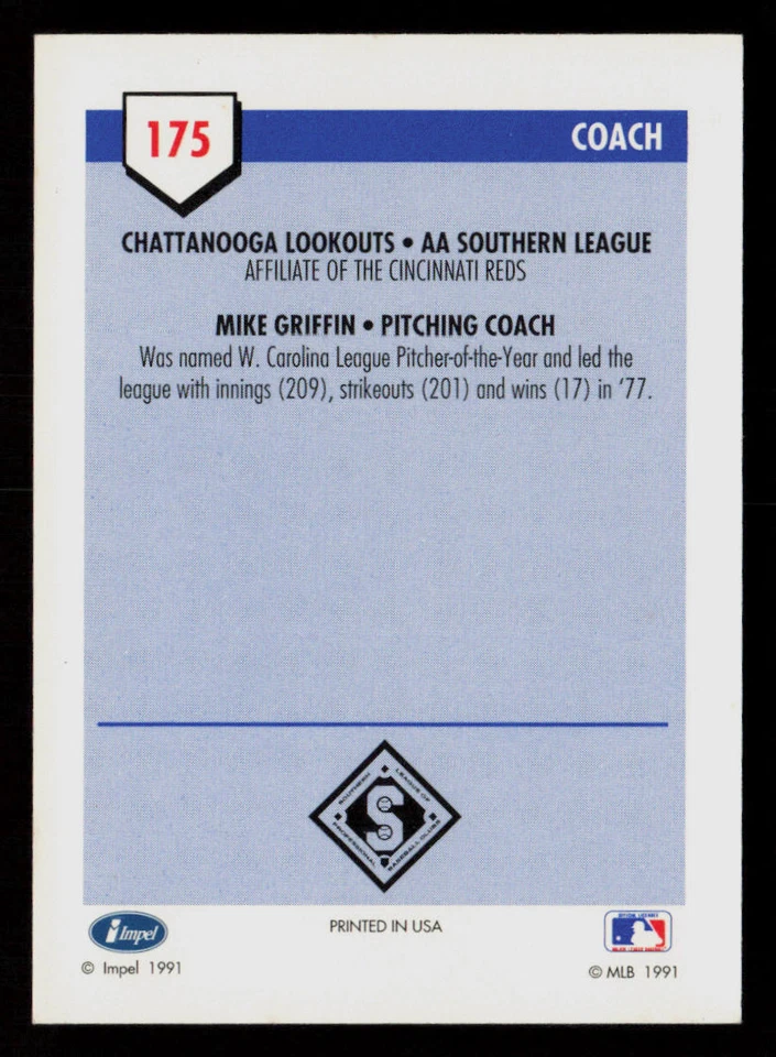Mike Griffin 1991 Line Drive AA #175 Chattanooga Lookouts Baseball Card - Image 2 of 2