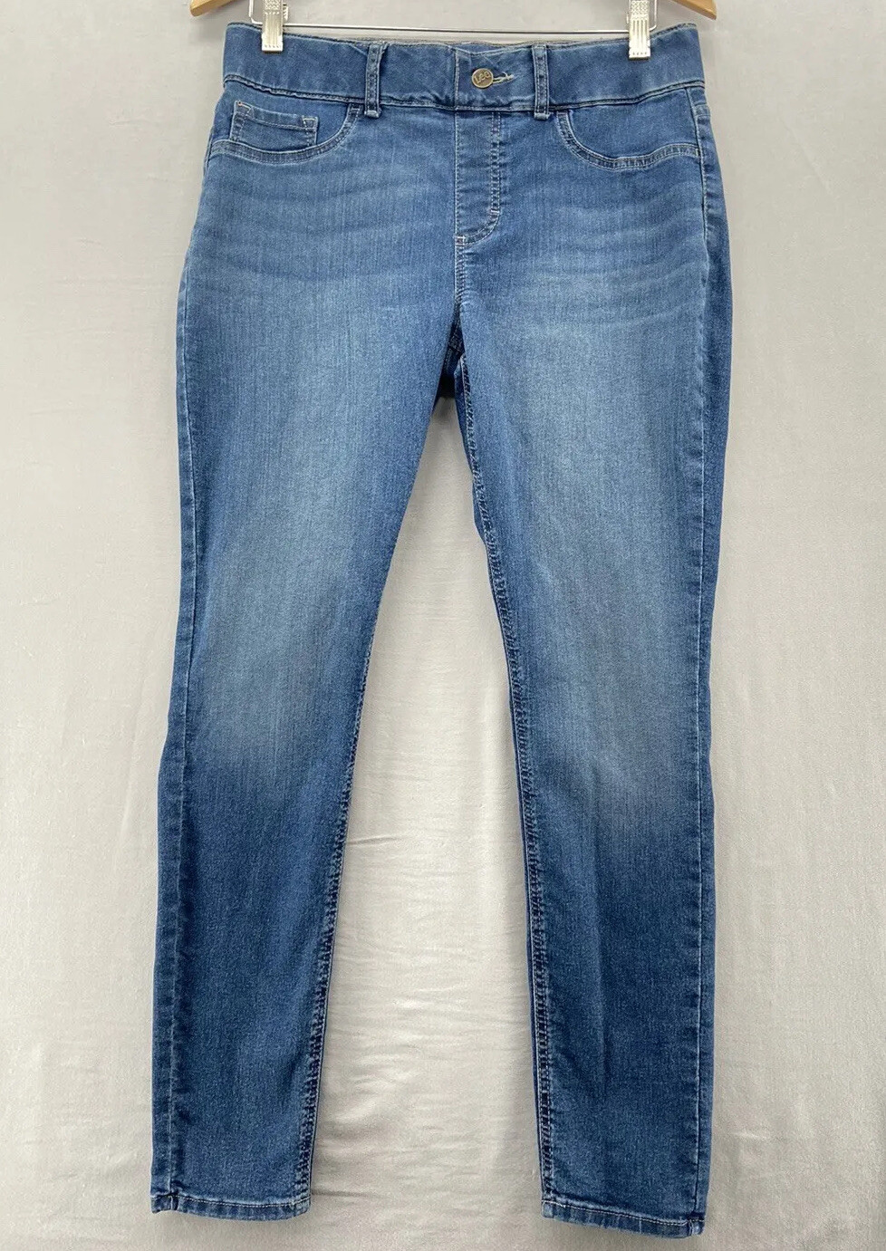 Lee Blue Denim Pullon Jeans Jegging Womens MED Skinny Distressed Midrise Stretch