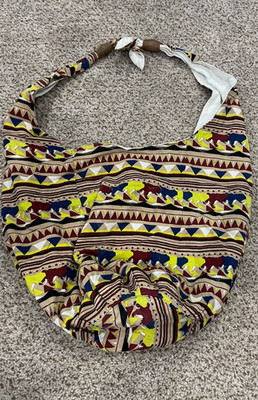 Cleobella Bucket Sling Bag, Elephant Print, EUC, Tan/ Blue, Burgundy/ Yellow