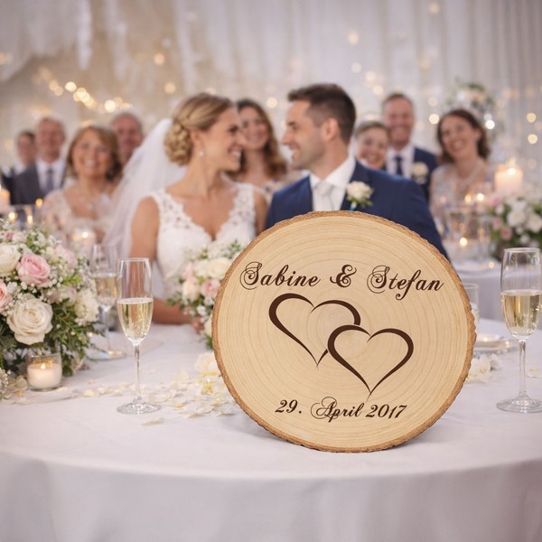 Baumscheibe Mit Gravur Doppelherz Namen Und Datum Hochzeit Jahrestag-image