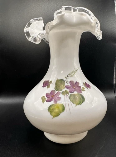 Fenton Art Glass Silver Crest Ruffled Edge 7 1/2" Vase, Violets In The Snow
