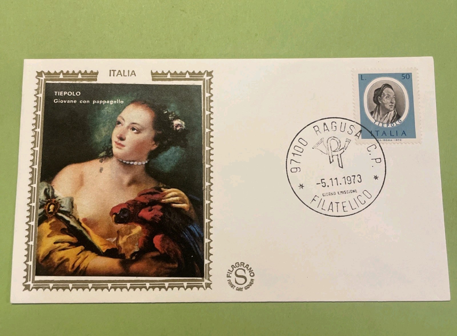 TIEPOLO GIOVANE CON PAPPAGALLO  RAGUSA 1973  F.D.C.  BUSTA  1° GIORNO EMISSIONE