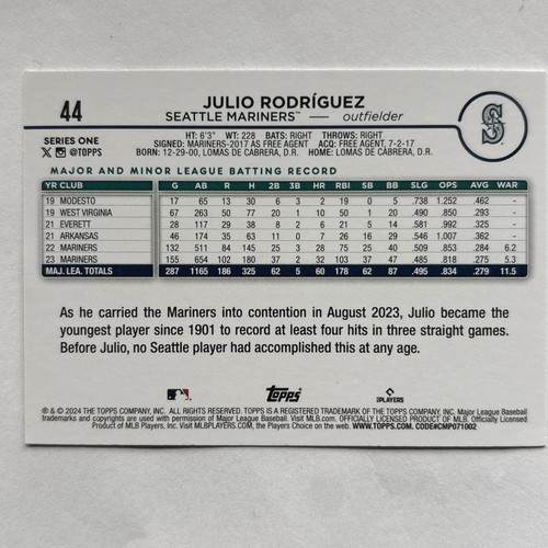 Julio Rodriguez Mariners 2024 Topps Allen & Ginter Card 1 and 2024 Topps Card 44 - Picture 4 of 6