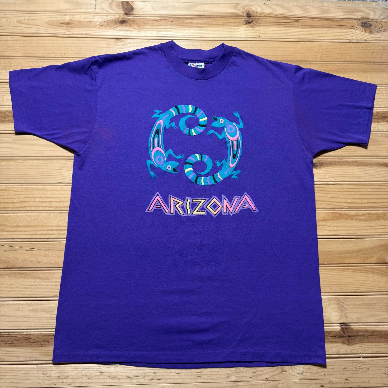 Vintage 80s 90s Arizona Lizard Gecko Neon Art Tourist Souvenir Shirt USA Size XL