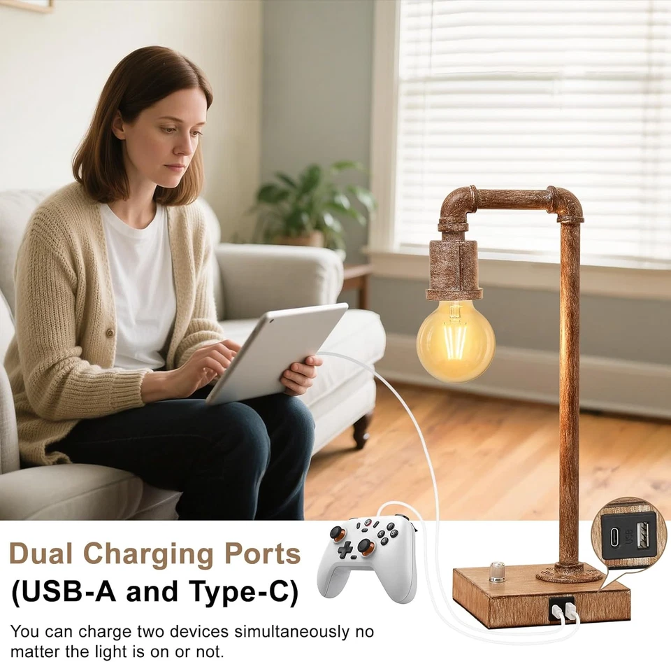Lámpara de mesa Steampunk para tubo de agua con puertos USB C+A, mesita de noche regulable continua Foto 3 de 4
