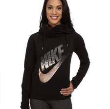 Nike Women's Rally Funnel Neck Pullover Hoodie Black Metallic Rose Gold Logo M