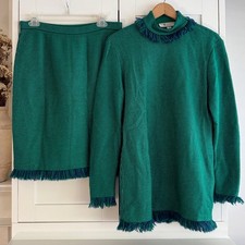 St. John Skirt Sweater Suit Set Green Blue Tweed With Fringe Size 10