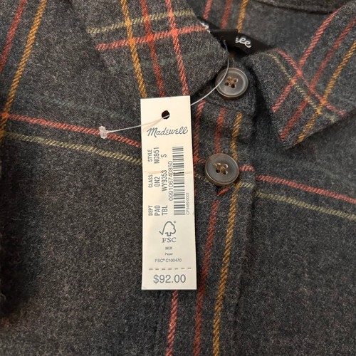 Madewell Men's Small Gray Plaid Flannel Shirt Button Front Pockets NWT $92 MSRP - Picture 5 of 9