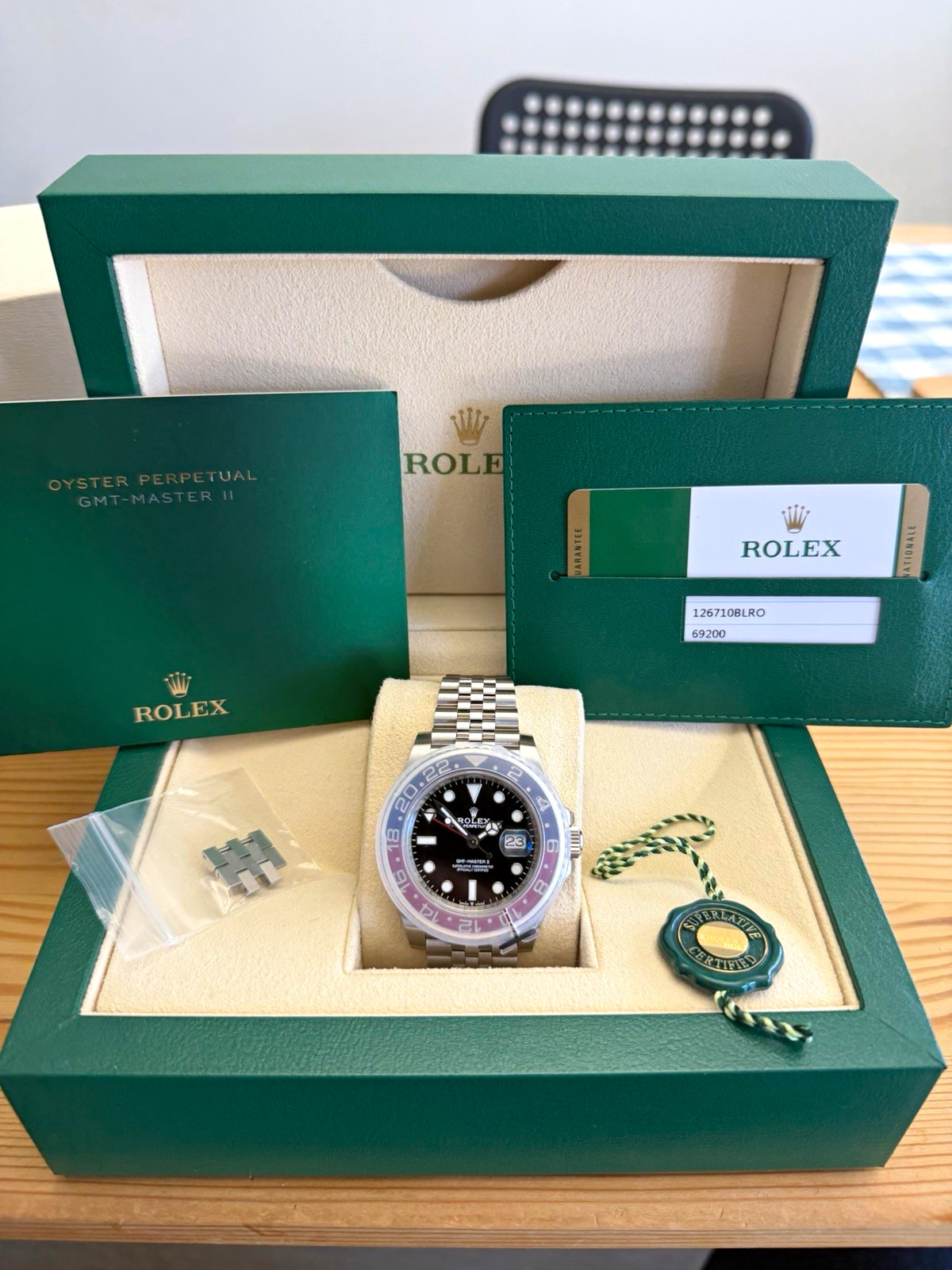 Rolex GMT-Master II 40mm Steel Jubilee Pepsi Bezel Black Dial Box Papers
