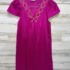 Vintage Vassarette Satin Silky Nightgown Fuchsia Embroidered Sz S