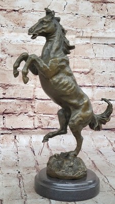 13''x8'' Bronze Sculpture Signed Artwork Excited Rearing Horse Racing Statues Gift