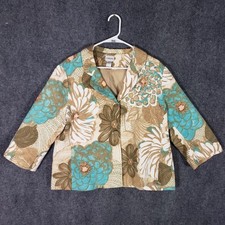 Chico's Jacket Womens 3 Teal Tan Floral Jacquard Lined 3/4 Sleeve Blazer