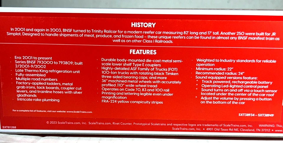 SCALETRAINS HO SCALE TRINITY 82'' 7883 CU FT REEFER BNSF SXT38909 - Image 4 of 4