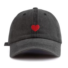 Red Heart Embroidery Baseball Love Cap Unisex Hat Distressed Washed Headwear