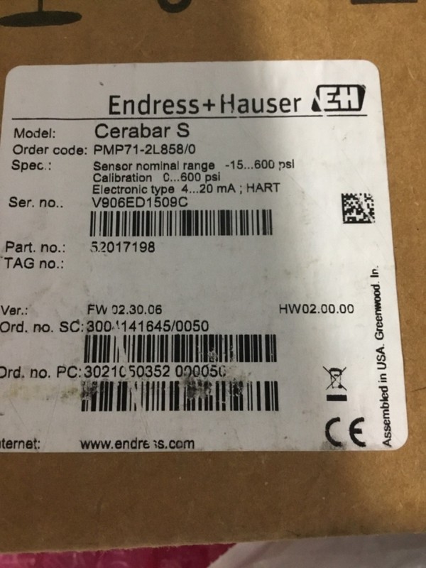 Endress+Hauser PMP71-2L858/0 Cerabar S Pressure Transmitter -15 to 600psi NEW