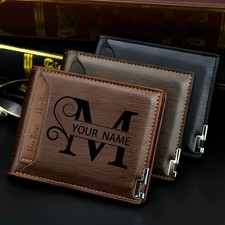 Custom Engraved Initials  Name PU Leather Wallet Men Gift for Birthday, Anniver