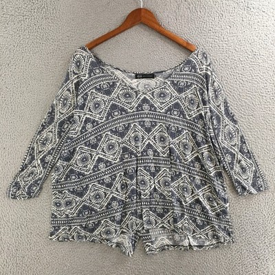 John Eshaya Top Womens S/O Boho Peasant Swing 3/4 Sleeve Geometric Casual Gray