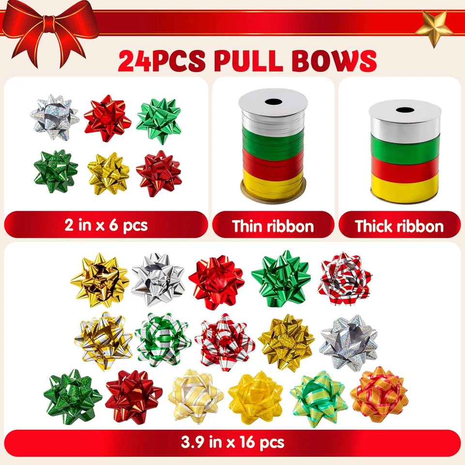 24 lazos y 8 rollos de cinta rizadora, kit de envoltura de Navidad, paquete de colores surtidos Foto 2 de 4