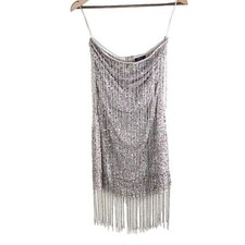Nasty Gal Bandeau Tassel Beaded Mini Dress size 2 Silver Strapless