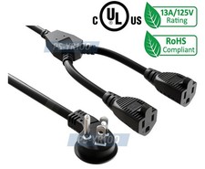 NEMA 5-15R AC Outlet Power Y Splitter Cord Low-Profile Angled Head 14" Long