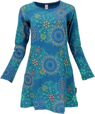 Besticktes Boho chic Minikleid, Tunika mit farbenfrohen Blüten - petrol