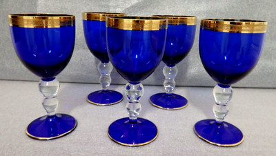 5 Vintage Bohemia Gläser Blau Gold Höhe/Durchmesser: 13,5 x 6,5 cm