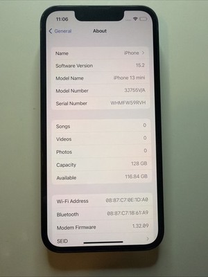  Apple iPhone 13Mini 128gb IOS 15.2 Unlocked 100% Batt Excellent Condition 