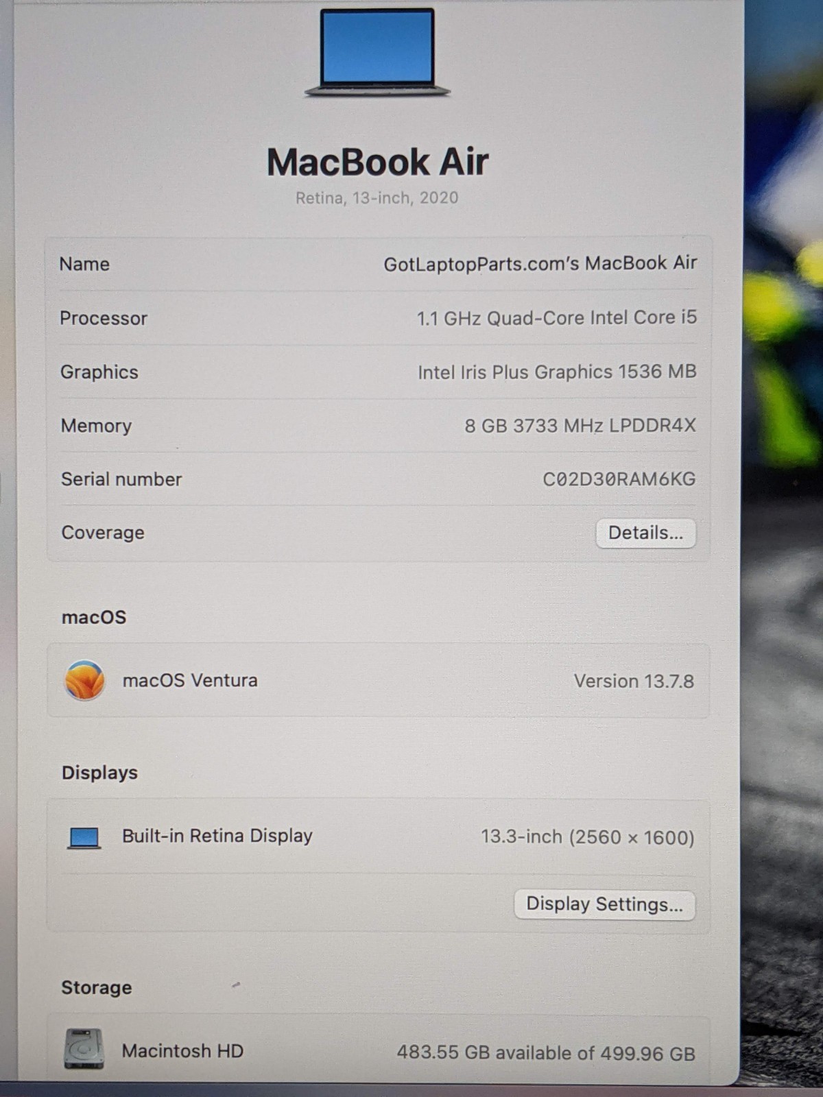 Apple MacBook Air 13" (2020) i5-1030NG7 1.1GHz MVH22LL A PA 17