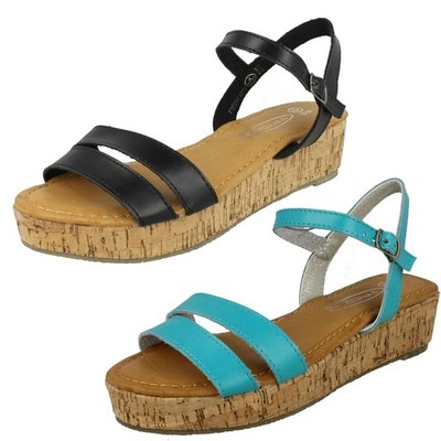 Spot On Damen Kork Flatform Sandalen Plattform Wedges Aqua Schwarz Beige