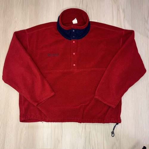 Columbia, Vtg Columbia Red Pullover Fleece - Quarter Snap Button Up - 1990s Made in USA