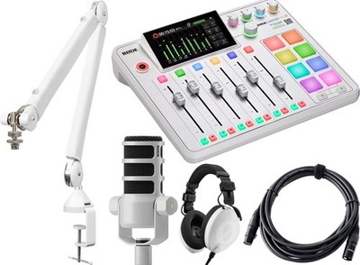 Rode RodeCaster Pro II Weiß Podcast Set Mischpult Mikrofon Mikrofonarm Kopfhörer