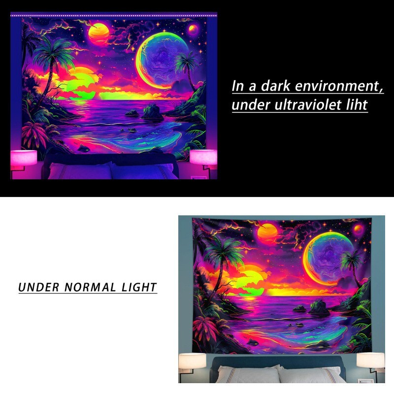 Blacklight Galaxy Tapestry Sun Sea UV Reactive Nature Wall Hanging Home Decor