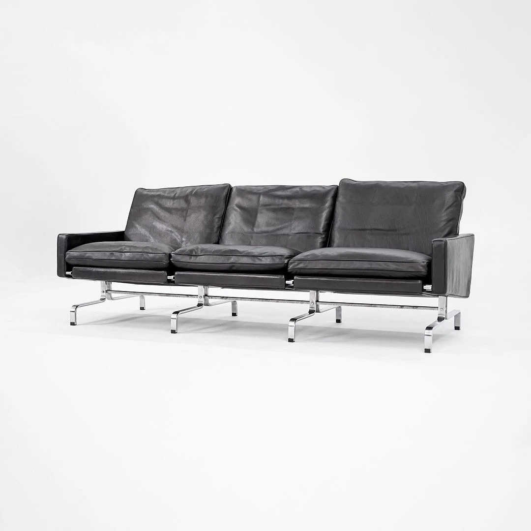 2002 Poul Kjaerholm Fritz Hansen PK31 Three Seat Sofa Black Leather & Stainless