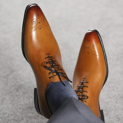 Handmade Brogue Leather Tan Shoes Men Oxford Dress Men display picture 2